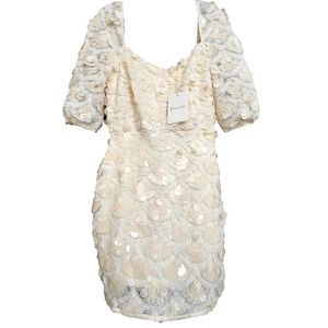 Nwt Fanco Off Shoulder Creme Lace Mesh Sequin SSleeve Square Neck Bridal Dress